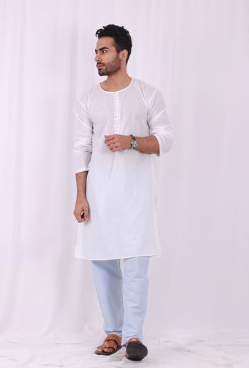Set of 2: White Cotton kurta with Blue Striped Pajama